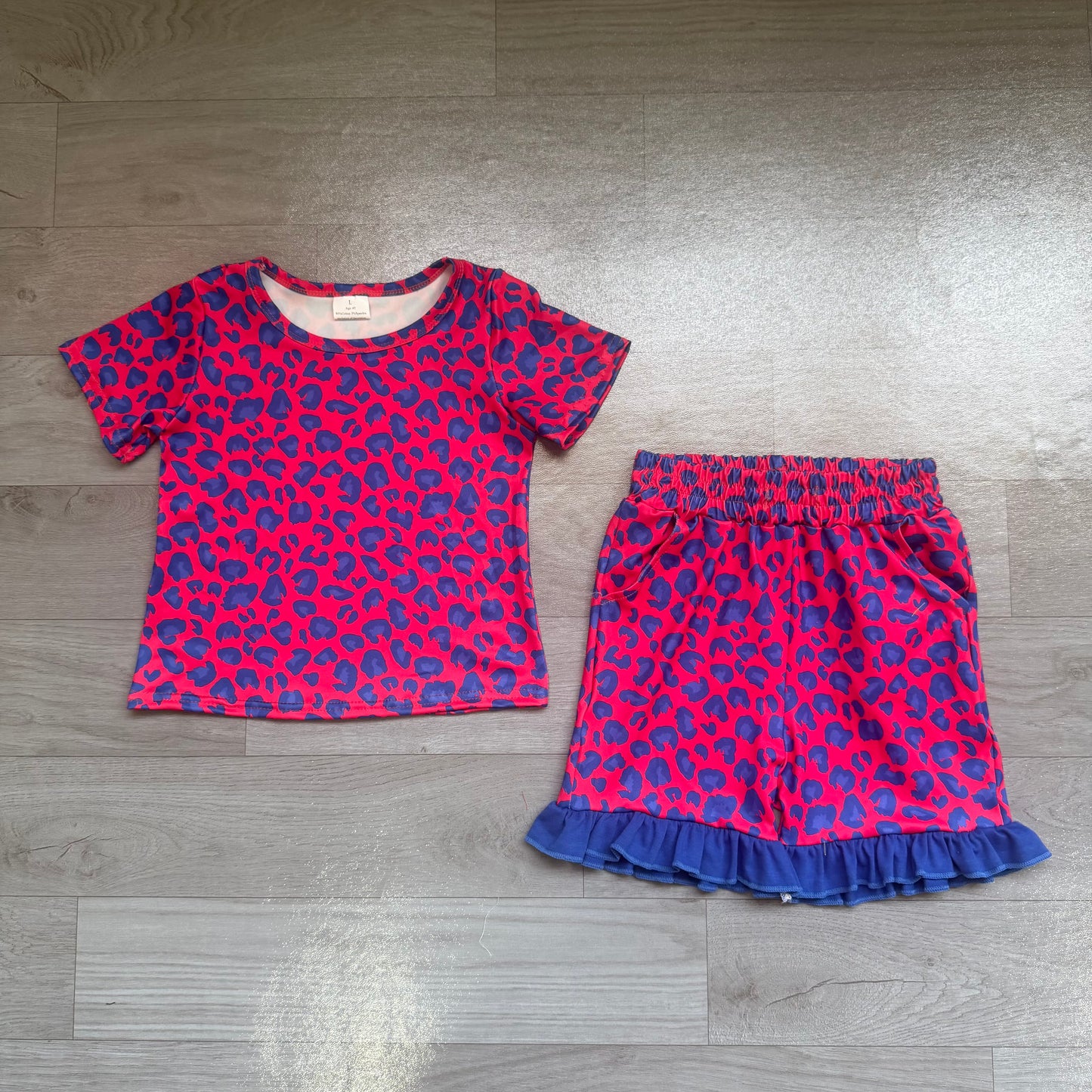 Blue leopard design top matching shorts girls summer outfit preorder