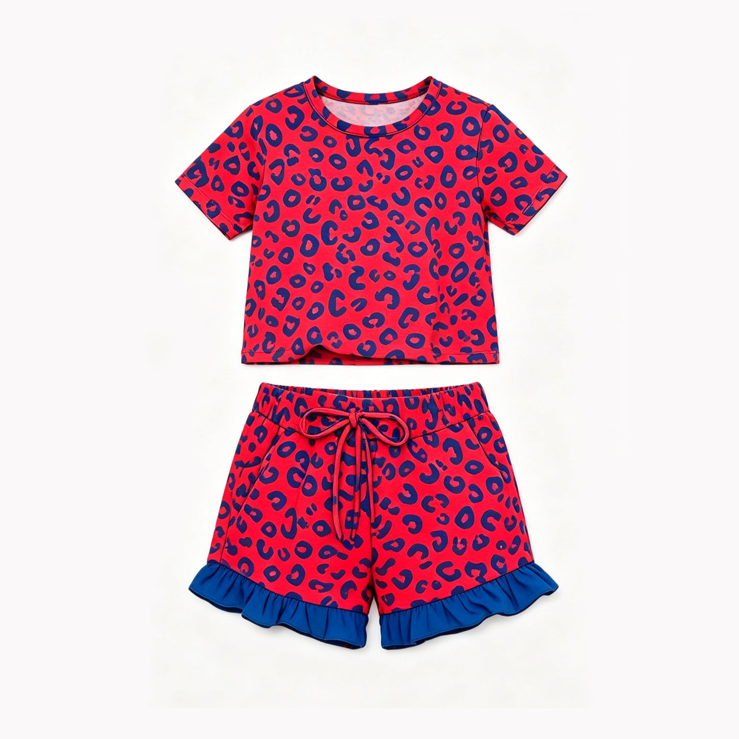 Blue leopard design top matching shorts girls summer outfit preorder