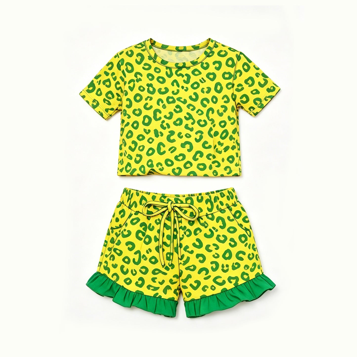 Green leopard design top matching shorts girls summer outfit preorder
