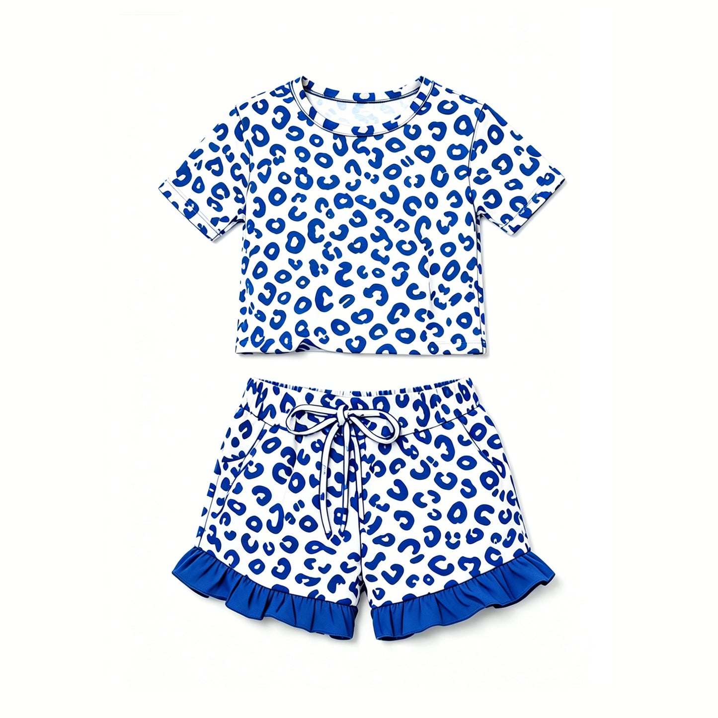 Blue leopard design top matching shorts girls summer outfit preorder