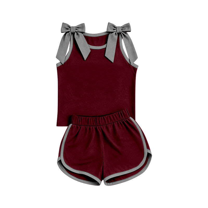 Maroon grey bow top matching shorts girls summer outfit preorder