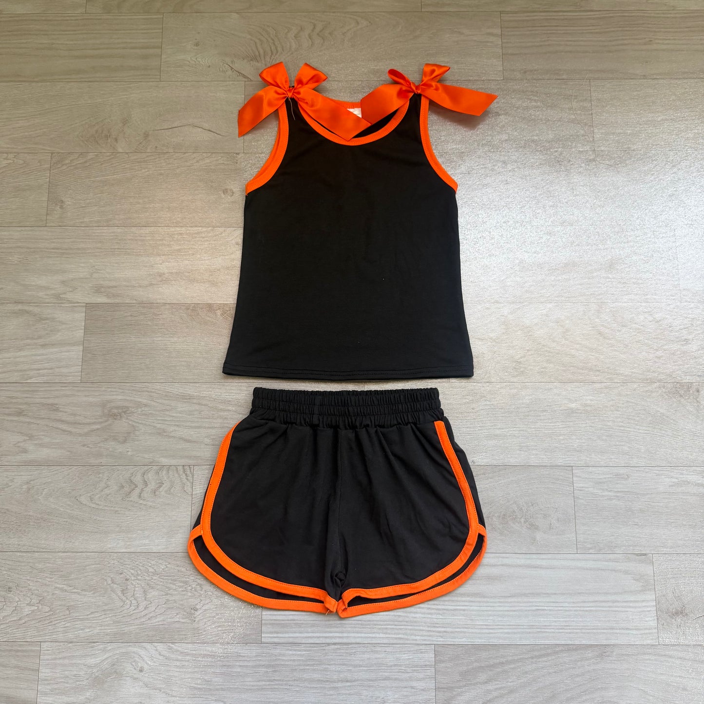 Black orange bow top matching shorts girls summer outfit preorder