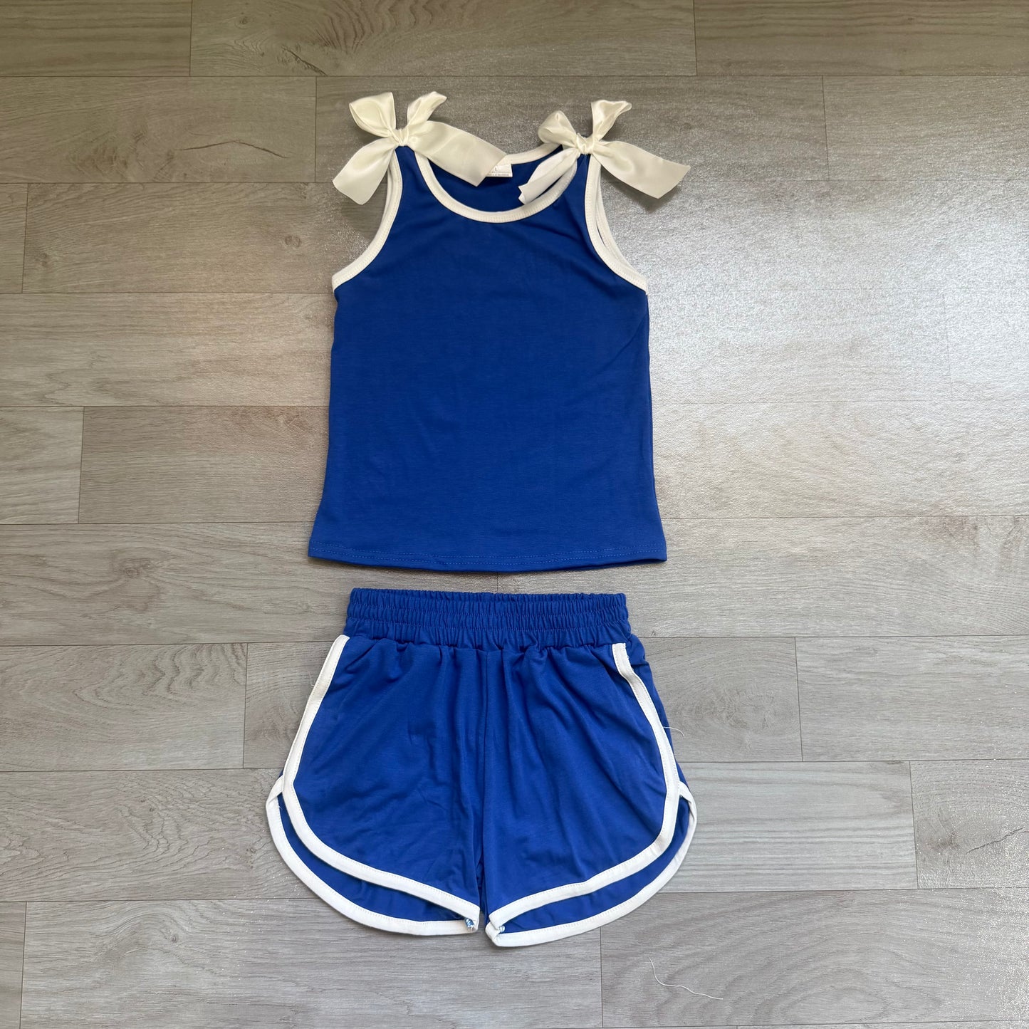 Blue white bow top matching shorts girls summer outfit preorder
