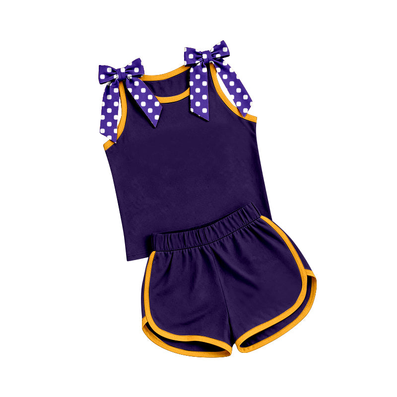 Purple dots bow top matching shorts girls summer outfit preorder