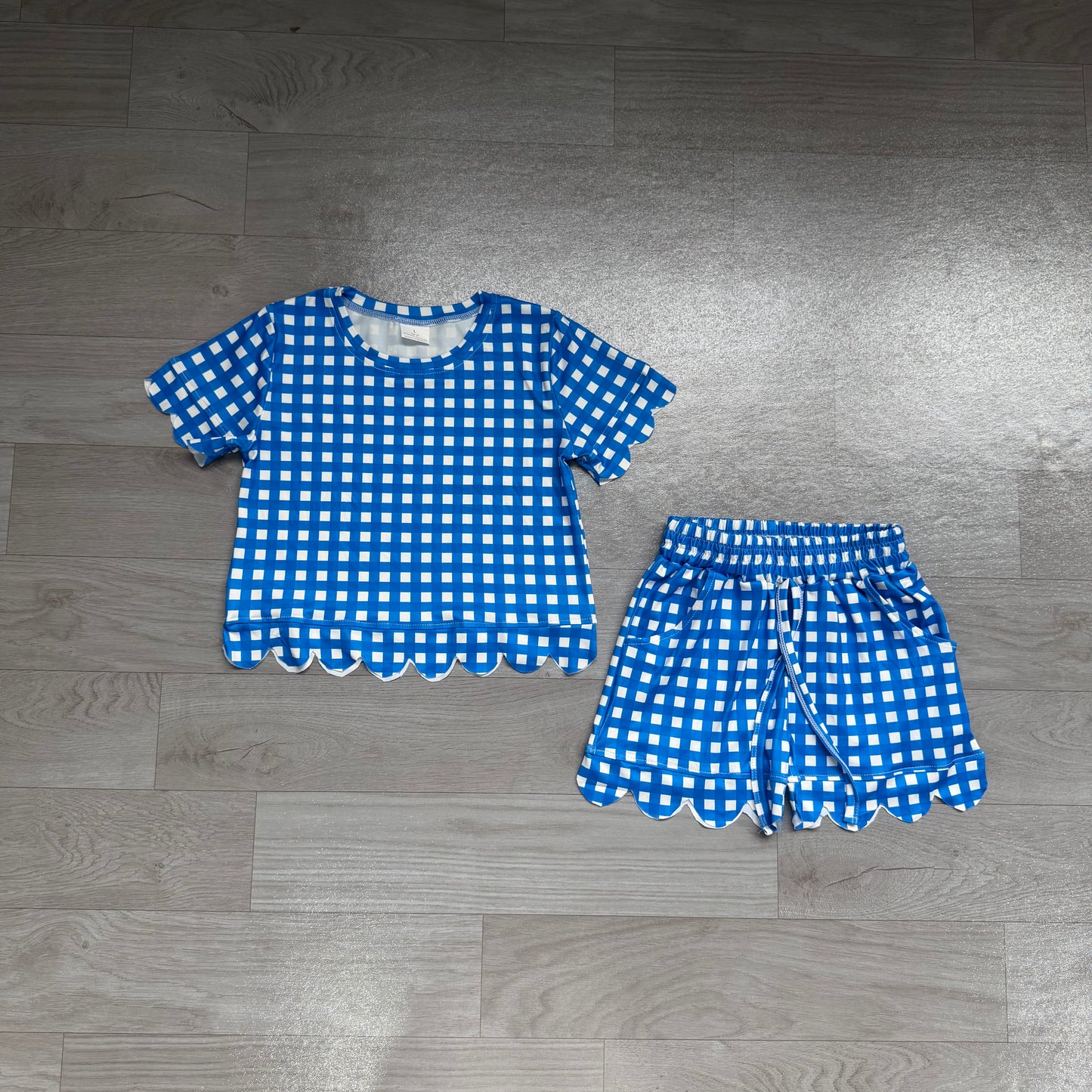 Blue plaid design top matching shorts girls summer outfit preorder