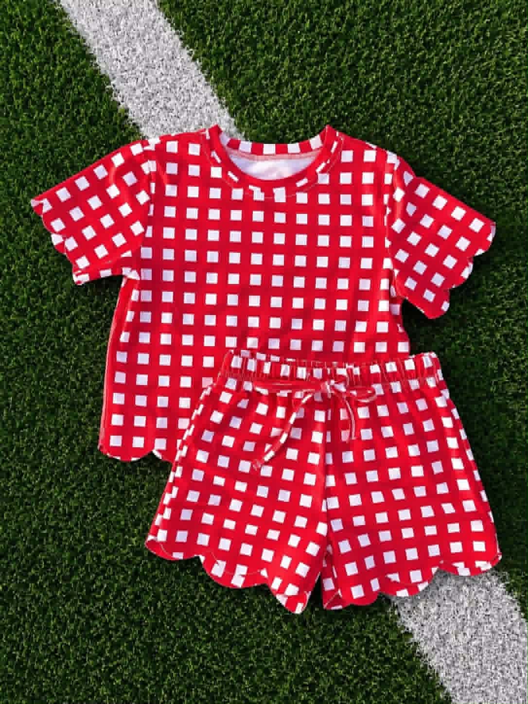 Red plaid design top matching shorts girls summer outfit preorder