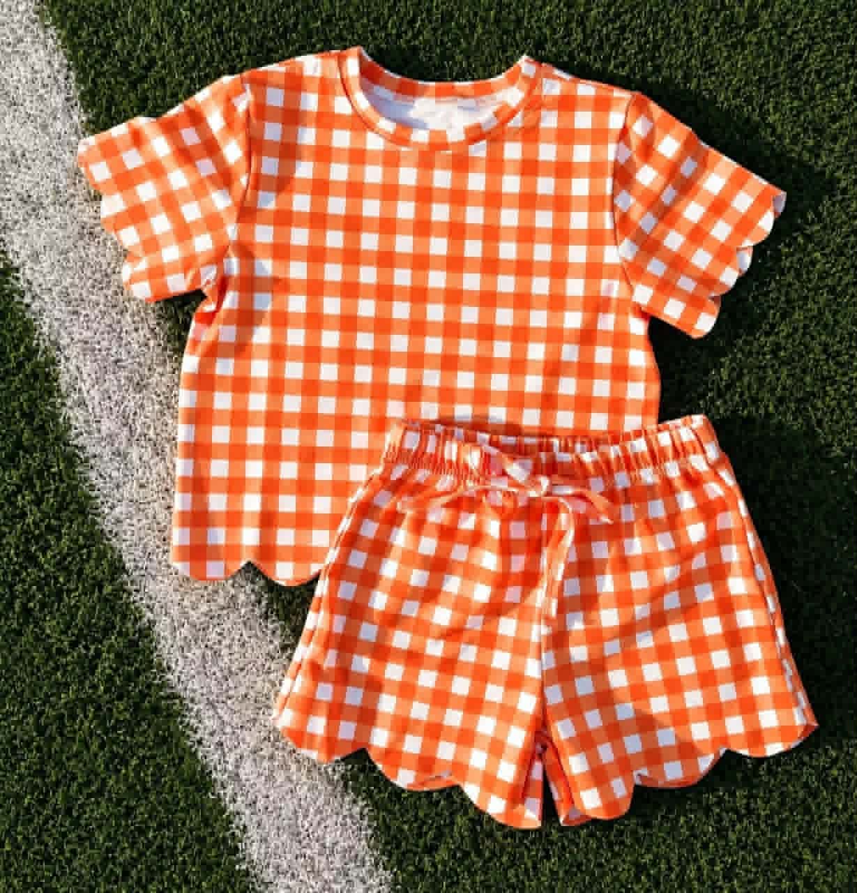 Orange plaid design top matching shorts girls summer outfit preorder