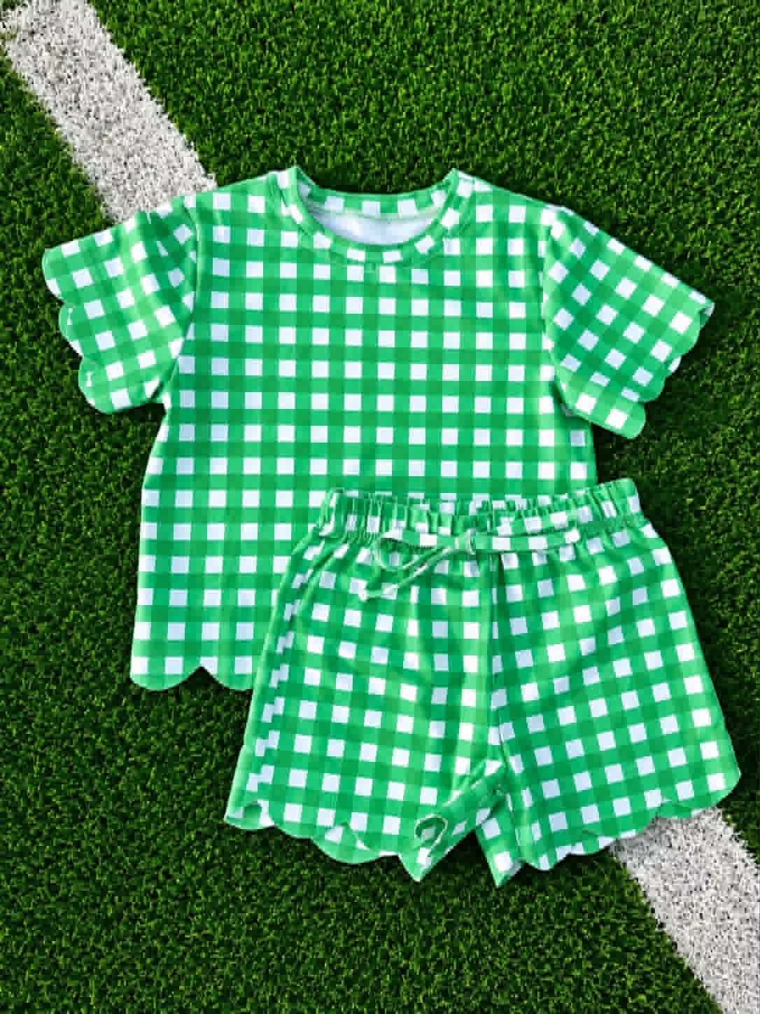 Green plaid design top matching shorts girls summer outfit preorder