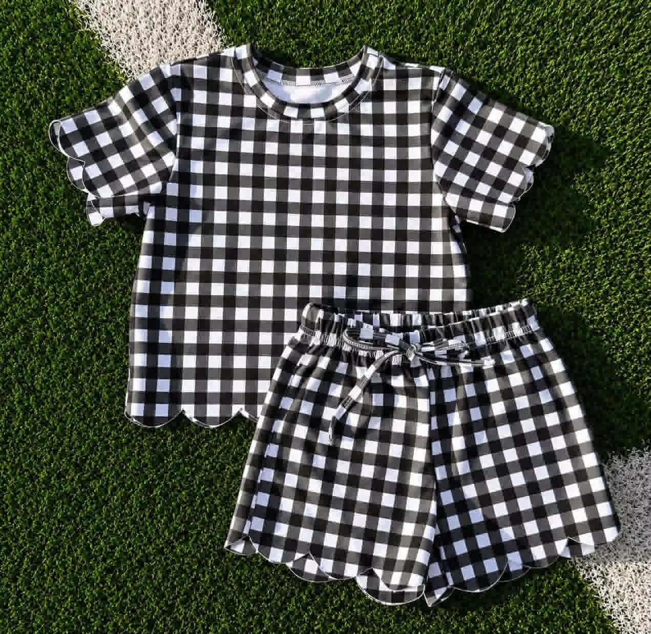 Black plaid design top matching shorts girls summer outfit preorder