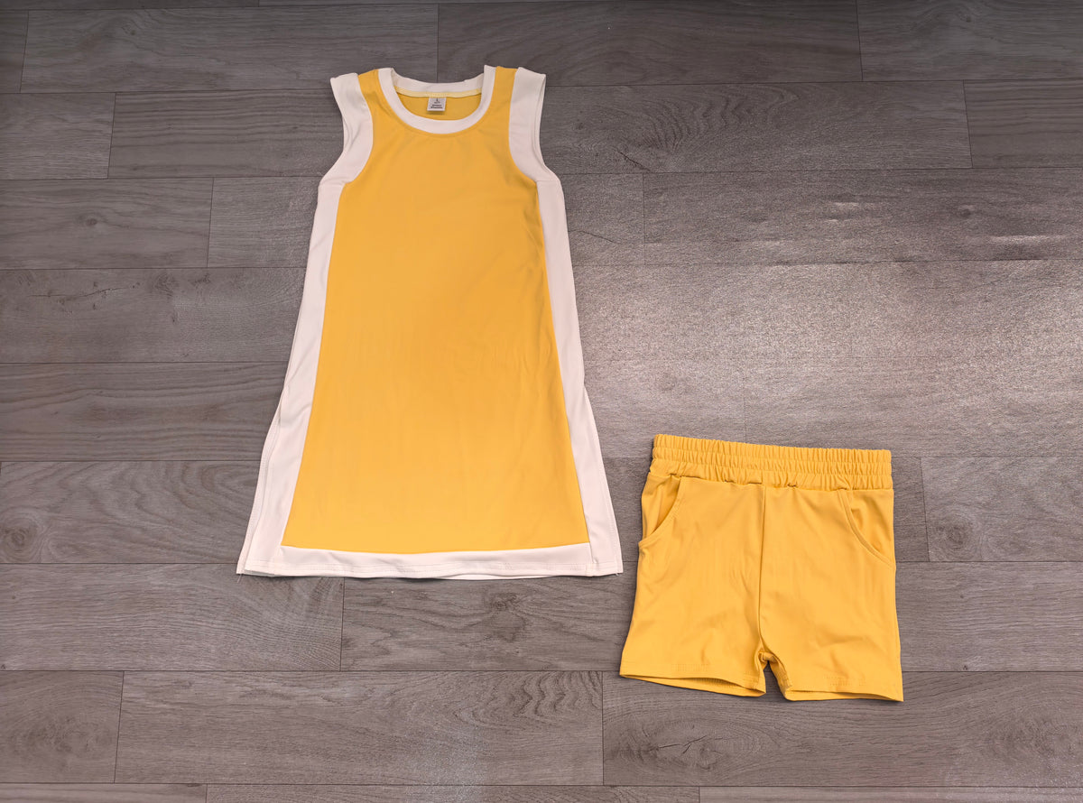 Yellow sleeveless yoga pullover top matching shorts girls outfit preorder