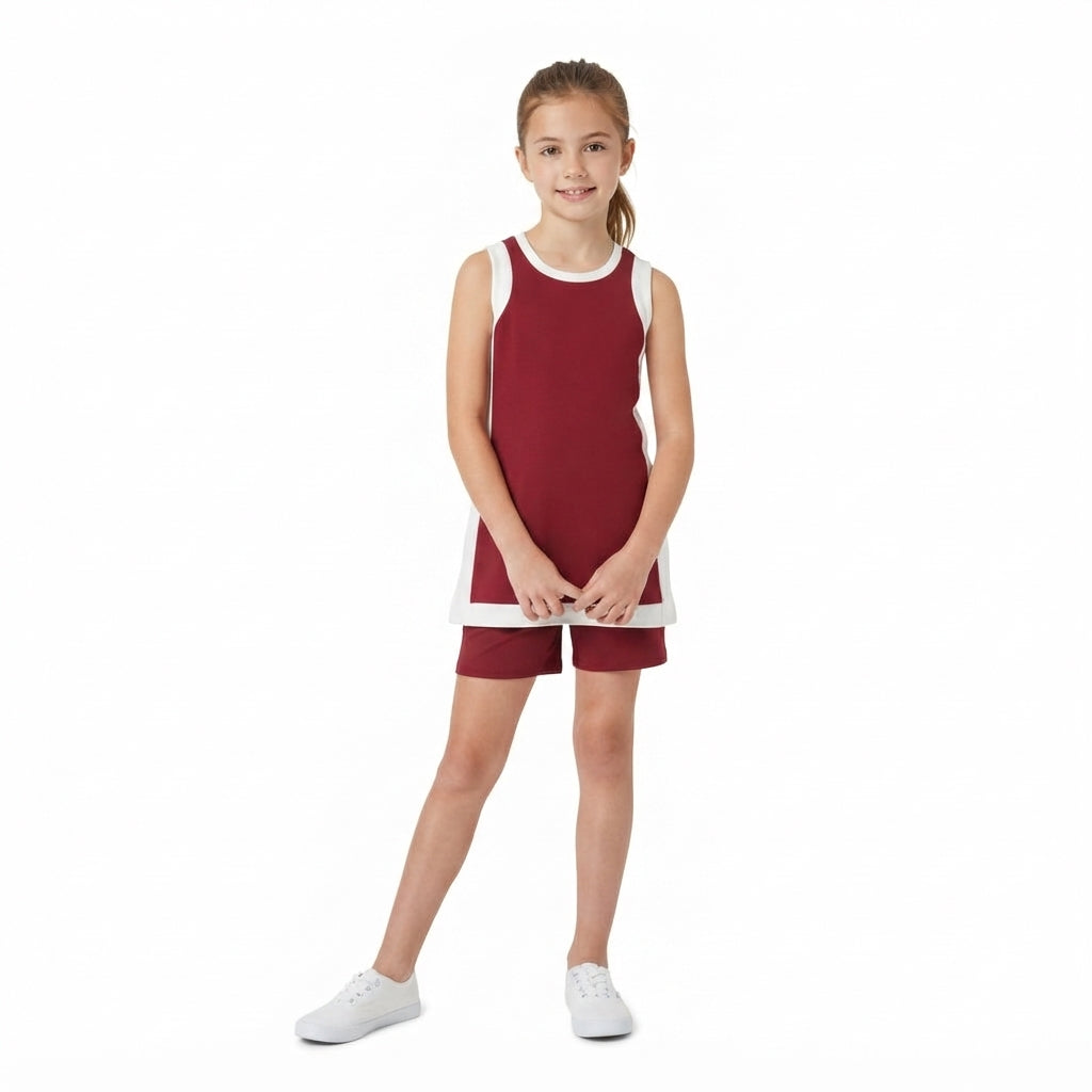 Wine red sleeveless yoga pullover top matching shorts girls outfit