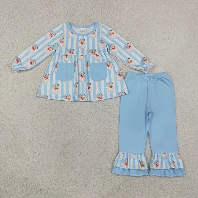 Christmas santa claus blue stripes long sleeve top matching pants girl outfit