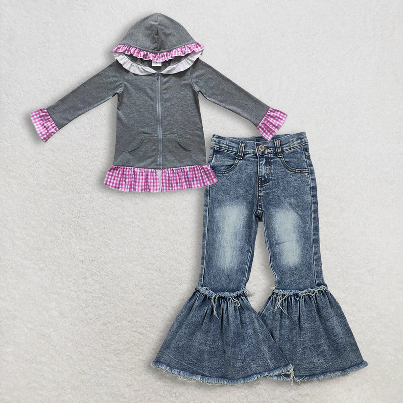 Grey hoodie top red flare jeans pants fall winter outfit