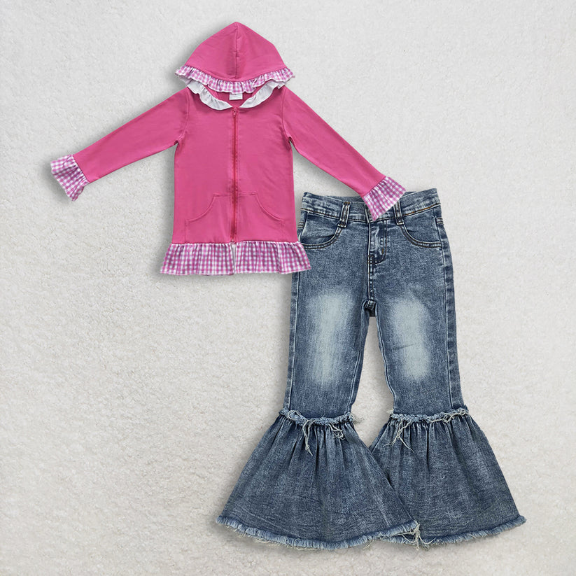 Pink hoodie top red flare jeans pants fall winter outfit