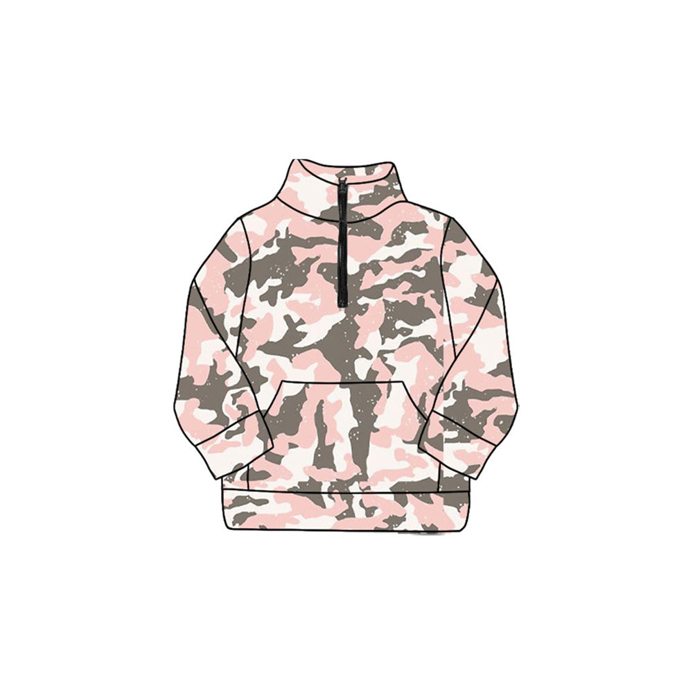 Baby girl grey pink camo long sleeve yoga zip pullover top preorder