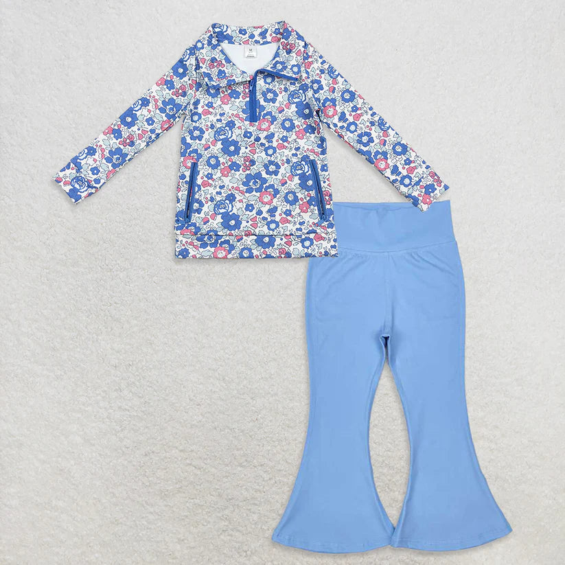 Long sleeve blue floral top yoga bell bottoms clothes set