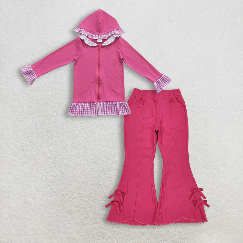 Pink hoodie top red flare jeans pants fall winter outfit
