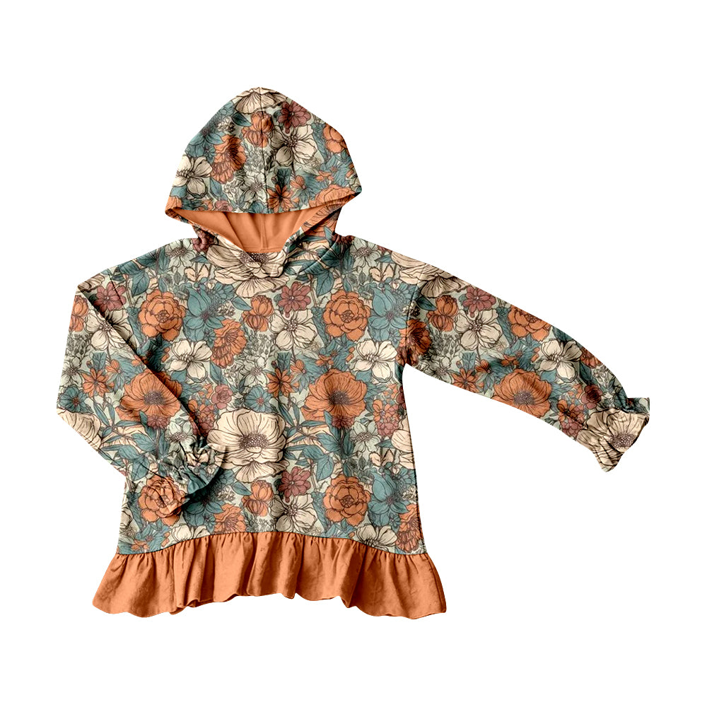 Orange flowers print girls long sleeve hoodie top preorder