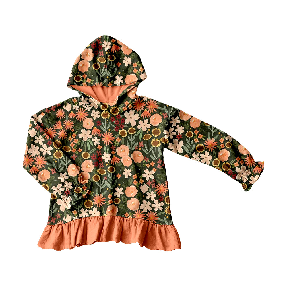 Orange flowers print girls long sleeve hoodie top preorder
