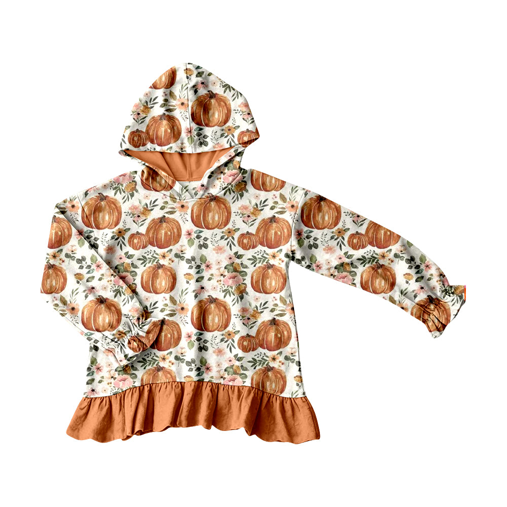Fall pumpkin black bow print girls long sleeve hoodie top preorder