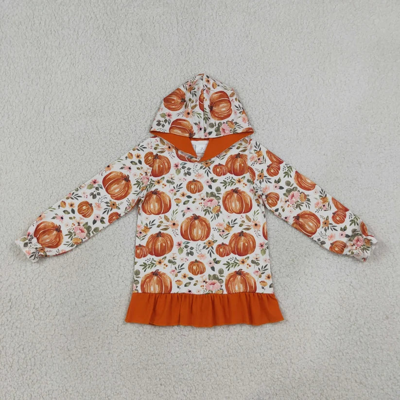 Orange flowers print girls long sleeve hoodie top