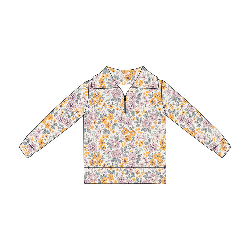 Pink flowers print kids girl long sleeve pullover top preorder