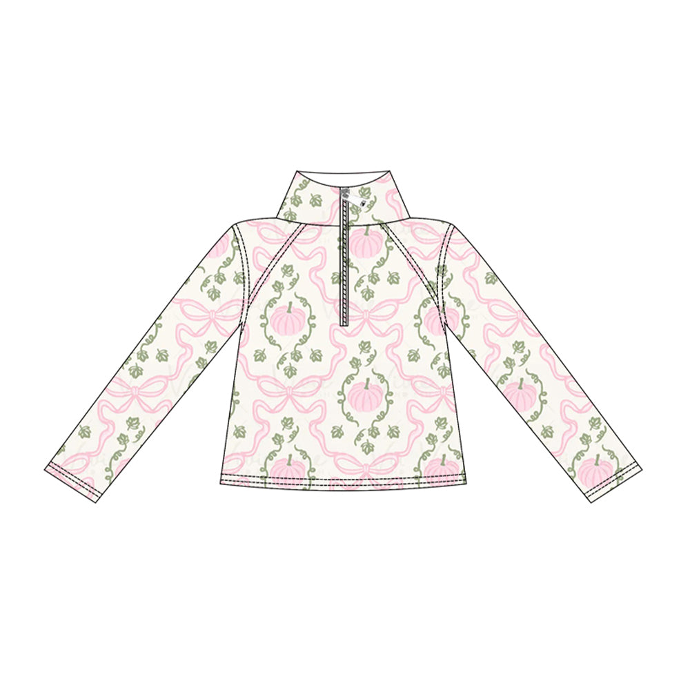 Pink pumpkin bow print kids girl long sleeve yoga pullover top preorder