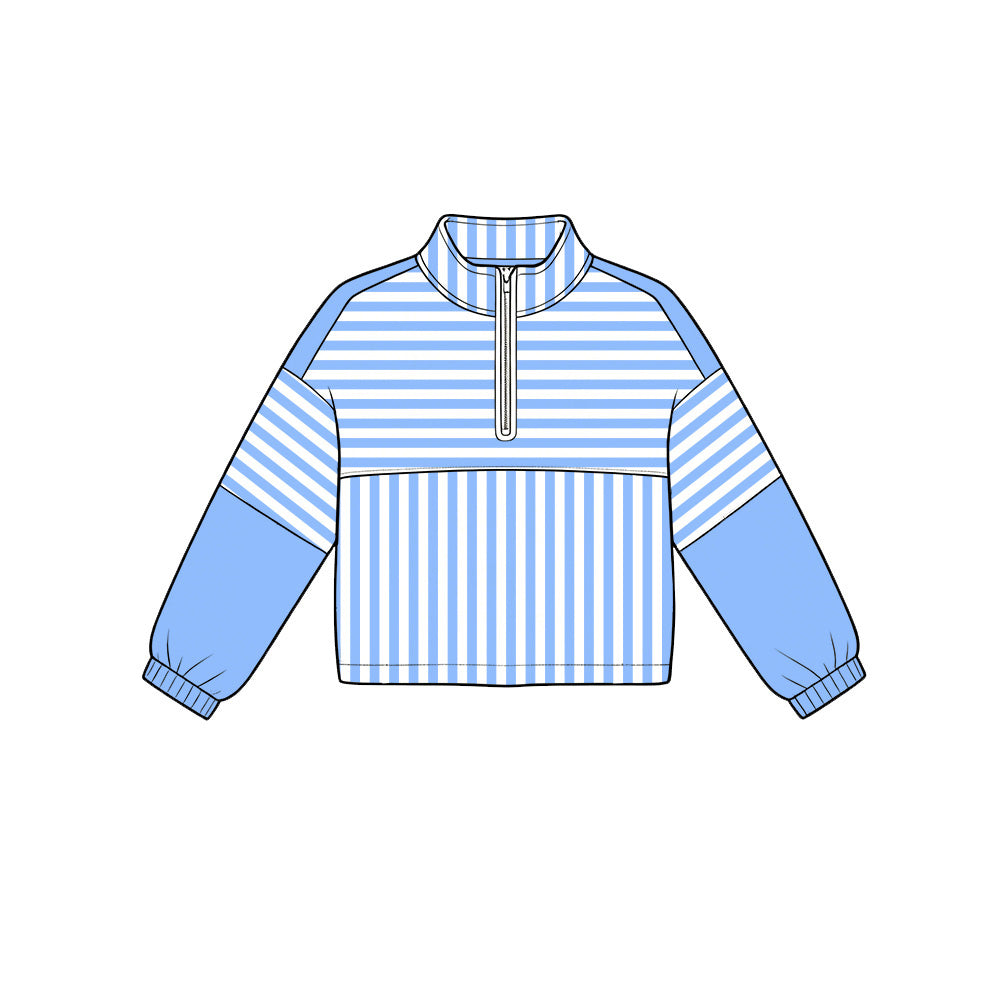 Blue stripes kids girls long sleeve zip pullover yoga top preorder