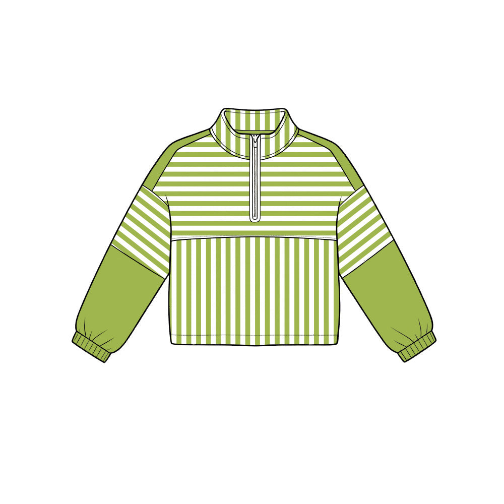 Green stripes kids girls long sleeve zip pullover yoga top preorder