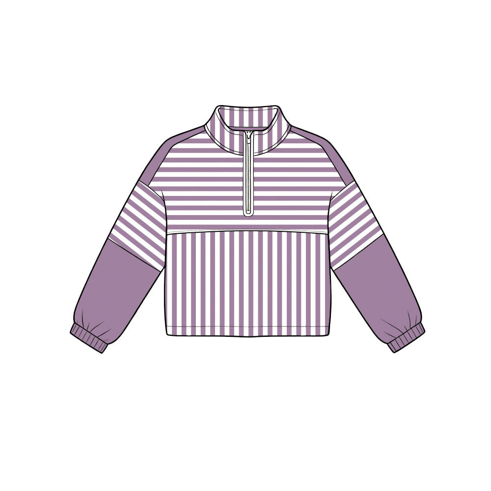 Purple stripes kids girls long sleeve zip pullover yoga top preorder