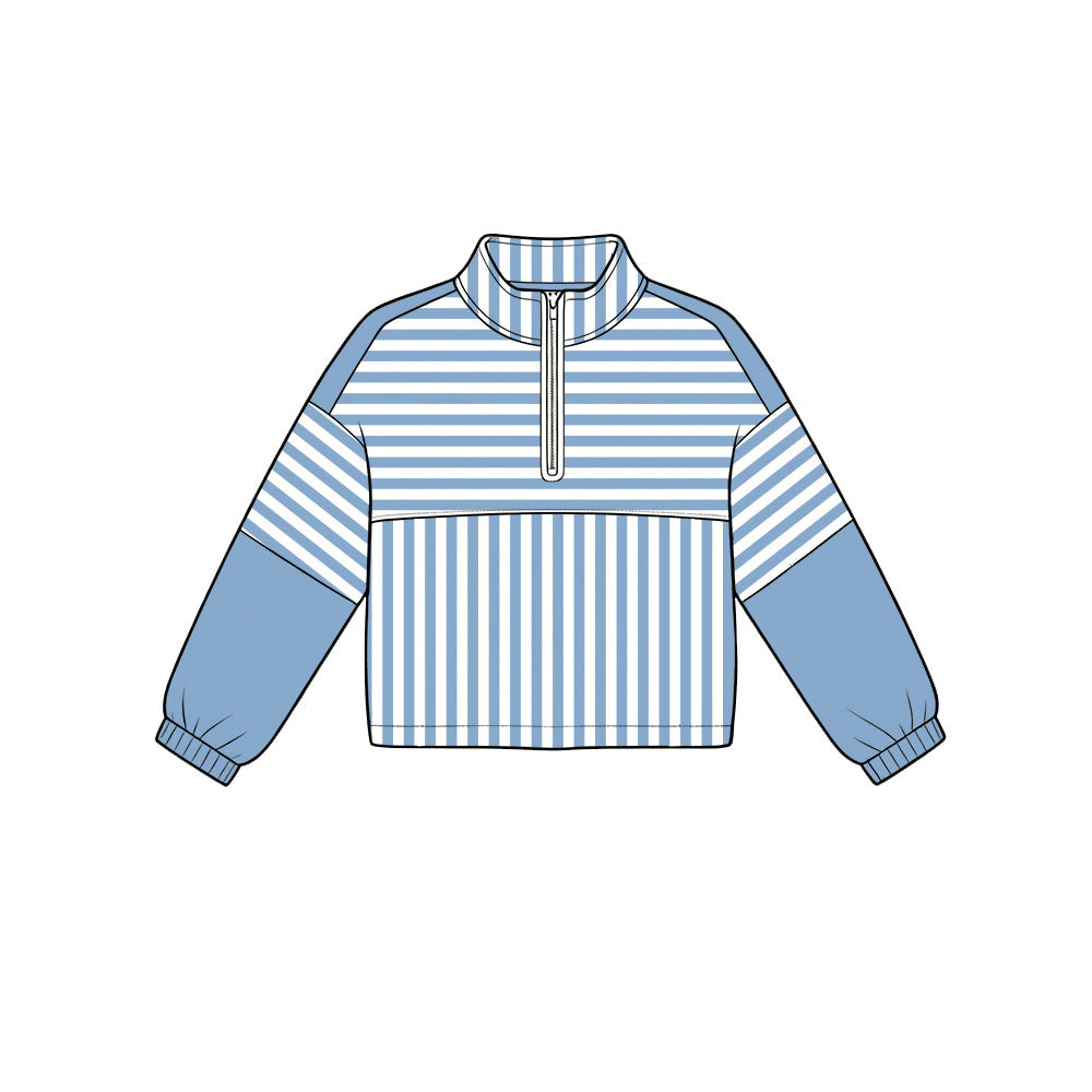 Blue stripes kids girls long sleeve zip pullover yoga top preorder