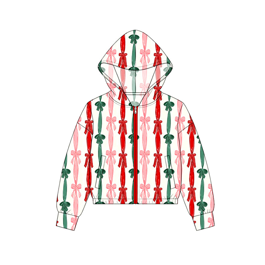 Christmas green red bow print kids girls long sleeve hoodie top preorder