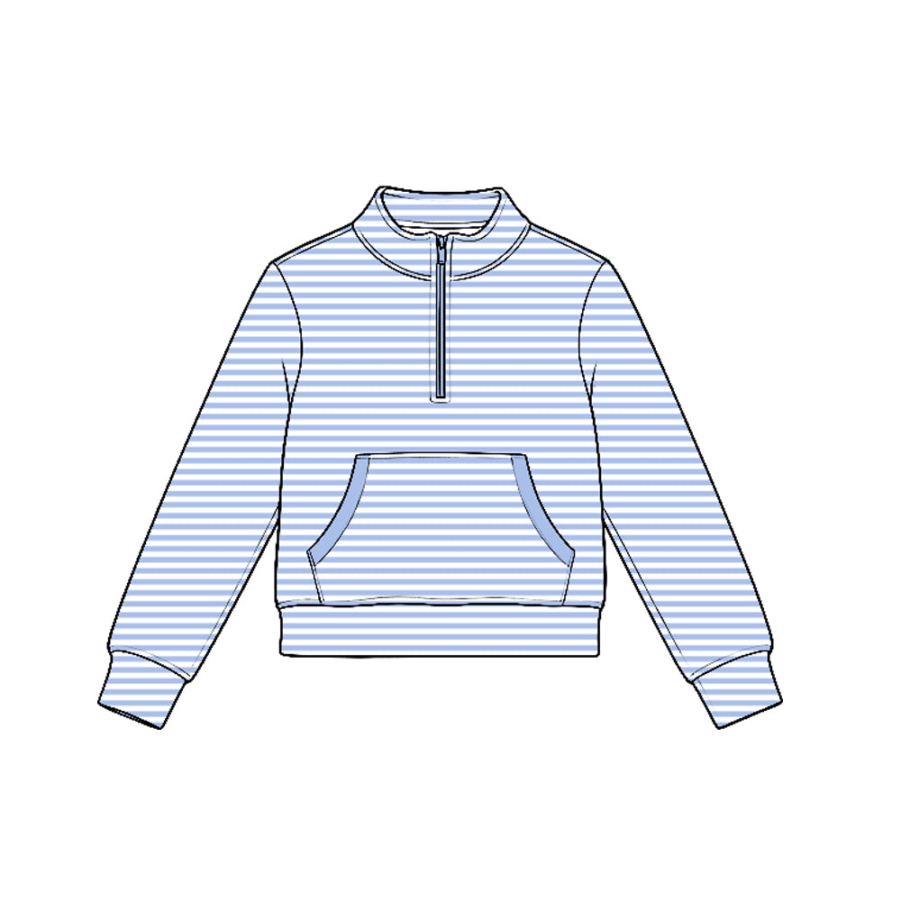 Blue stripes kids girls long sleeve zip pullover yoga top preorder