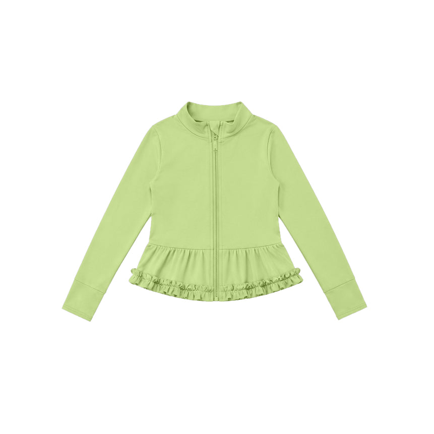 Lime green color kids girls long sleeve zip pullover yoga top preorder