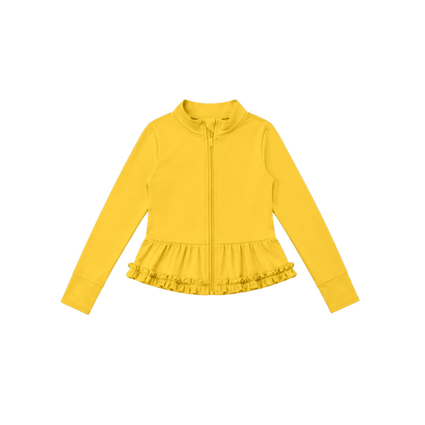 Yellow color kids girls long sleeve zip pullover yoga top preorder
