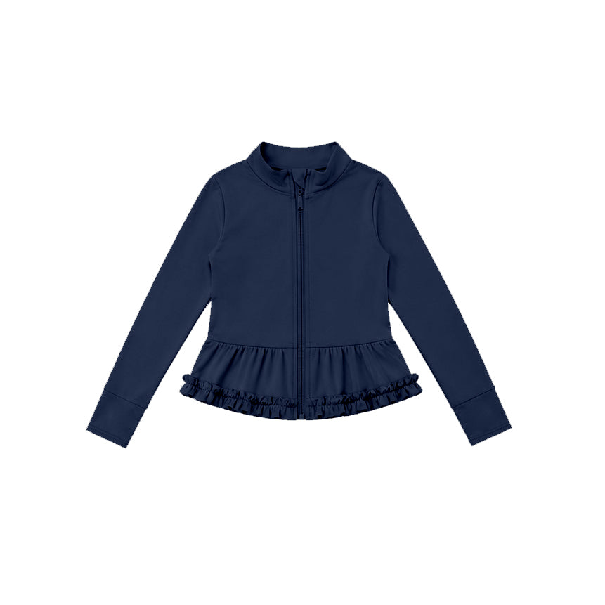 Navy color kids girls long sleeve zip pullover yoga top preorder