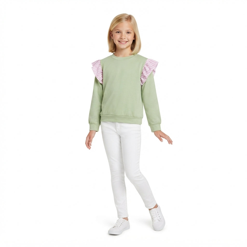 Pea green color girls long sleeve spring fall top