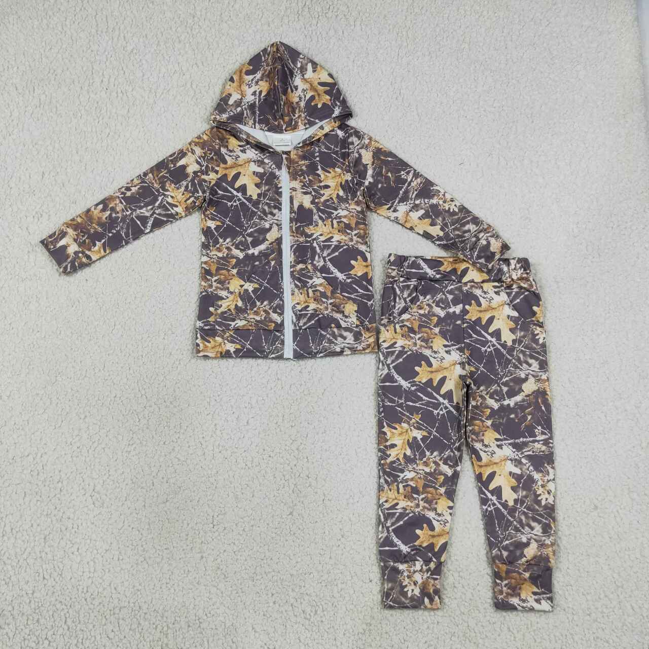 Leaves print boys long sleeve hoodie set outfit