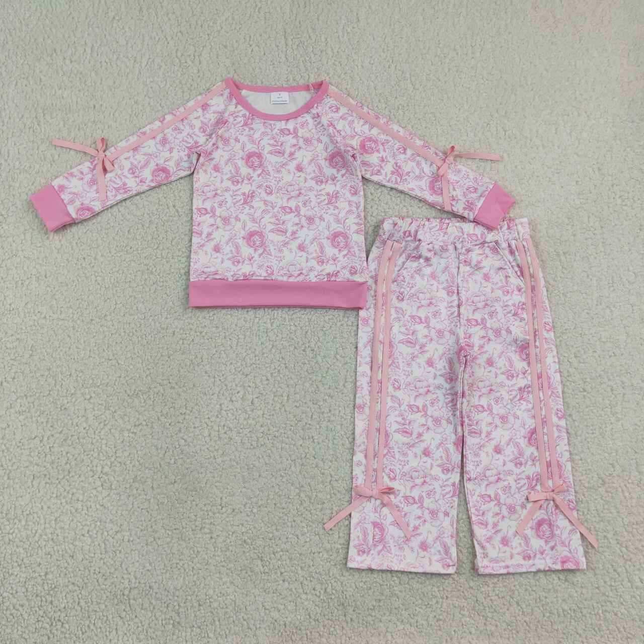 Pink flowers print long sleeve top matching pants girls fall outfit