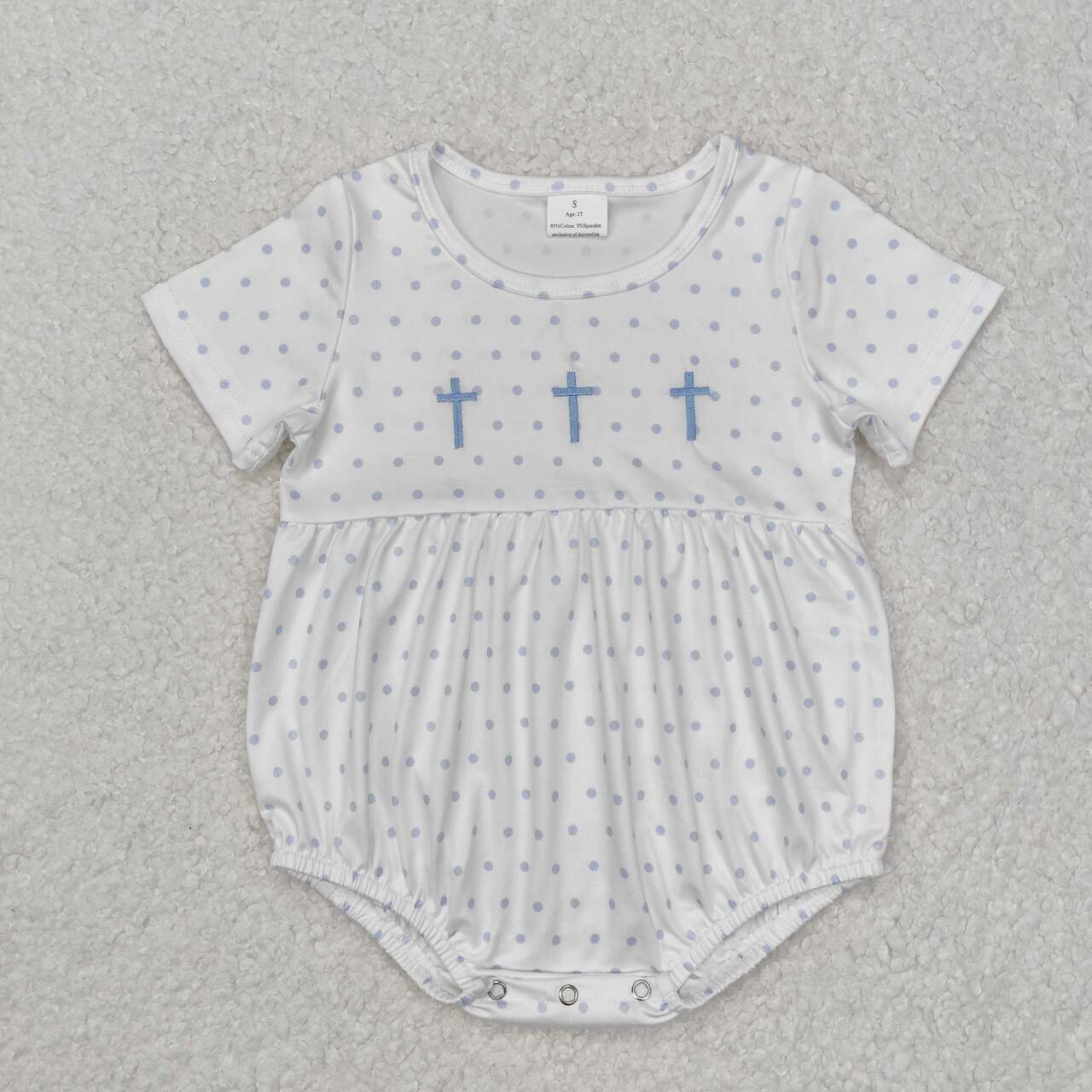 Embroidery Easter cross blue polka dots romper