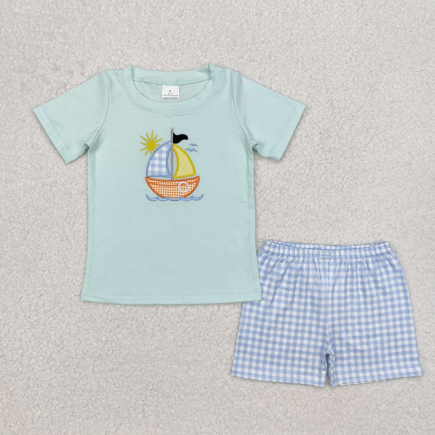 Baby boy embroidery sailboat design summer outfit