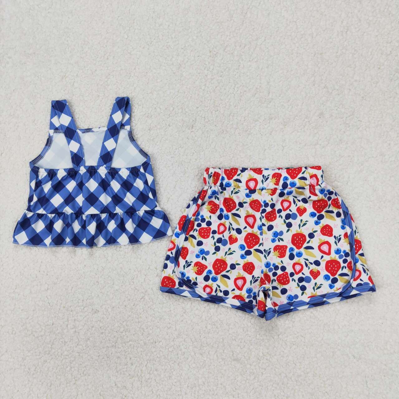 Baby girl blue plaid top matching strawberry shorts summer outfit