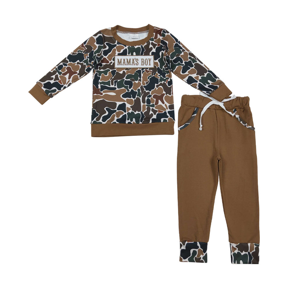 Embroidery mamas boy brown camo top matching pants outfit