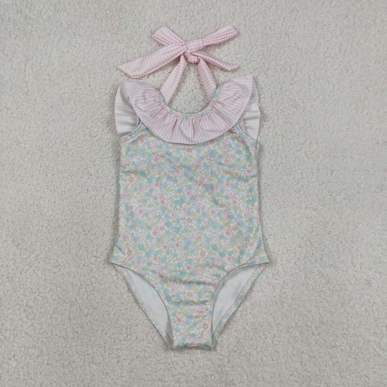 One piece pink blue floral bathing suit kids swimwear