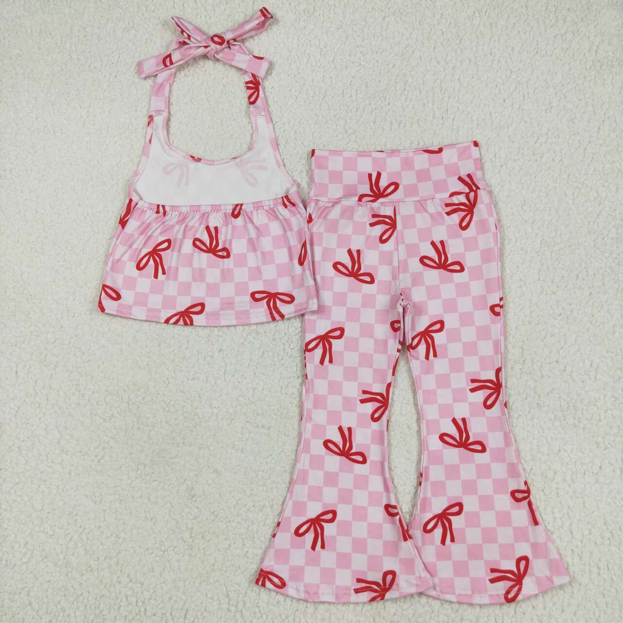 Pink plaid bow design halter top matching bell bottoms outfit