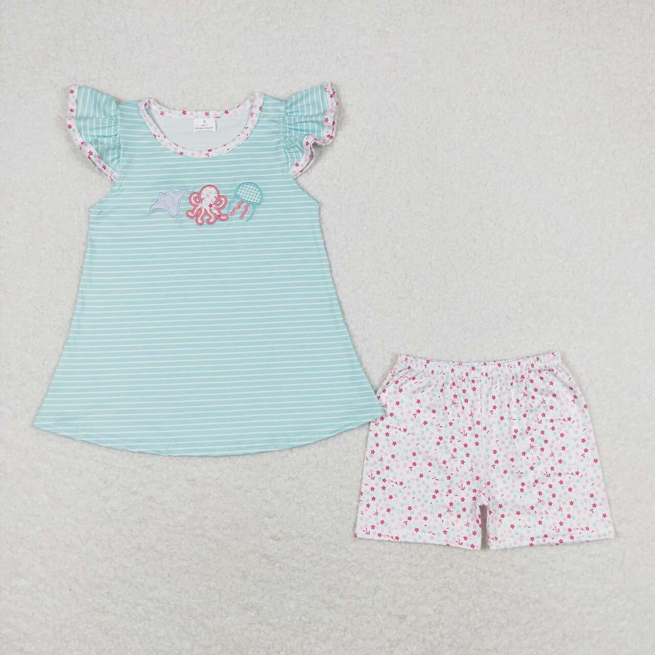 blue stripes embroidery sea animal design outfit