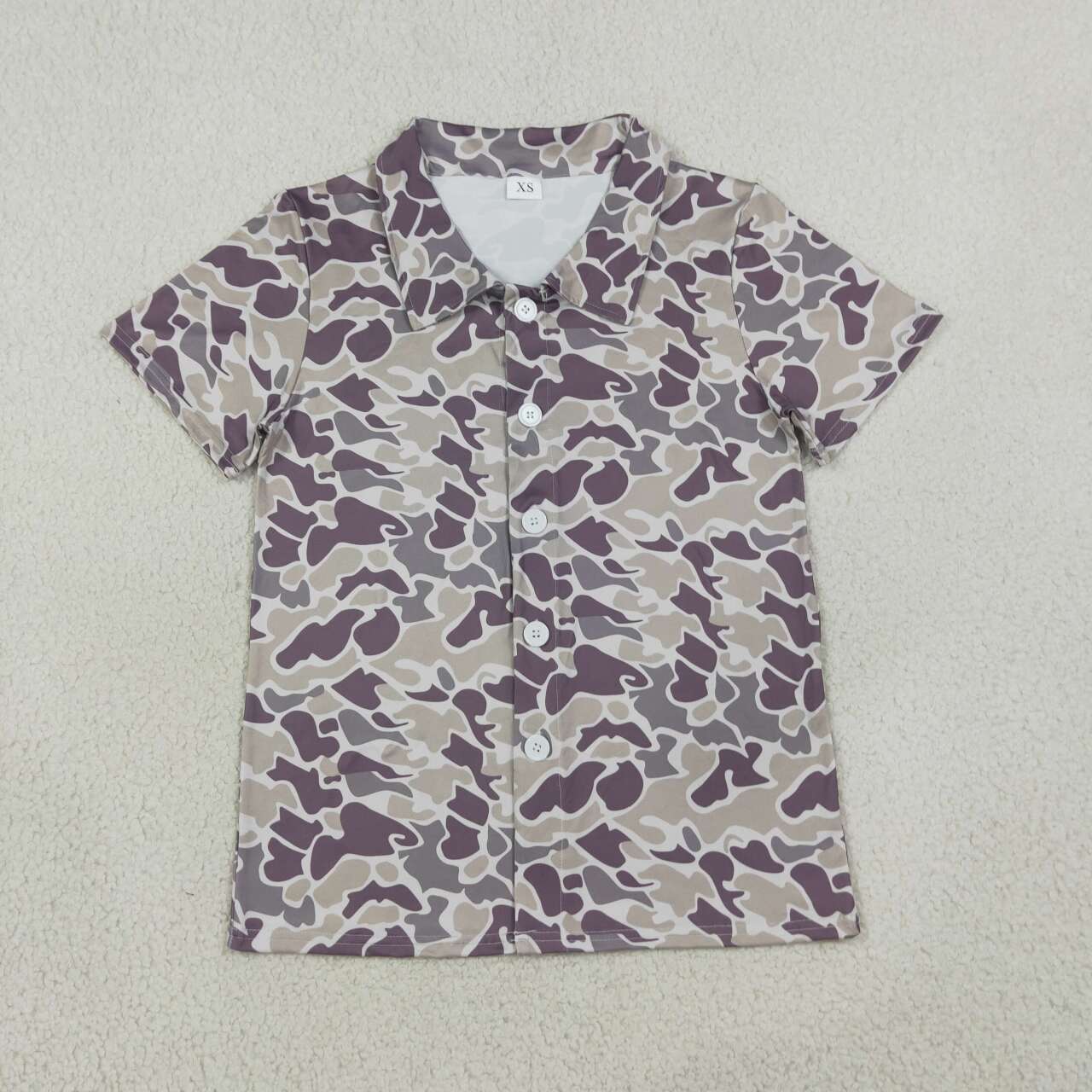 Adult man dark grey camo print short sleeve button shirt top