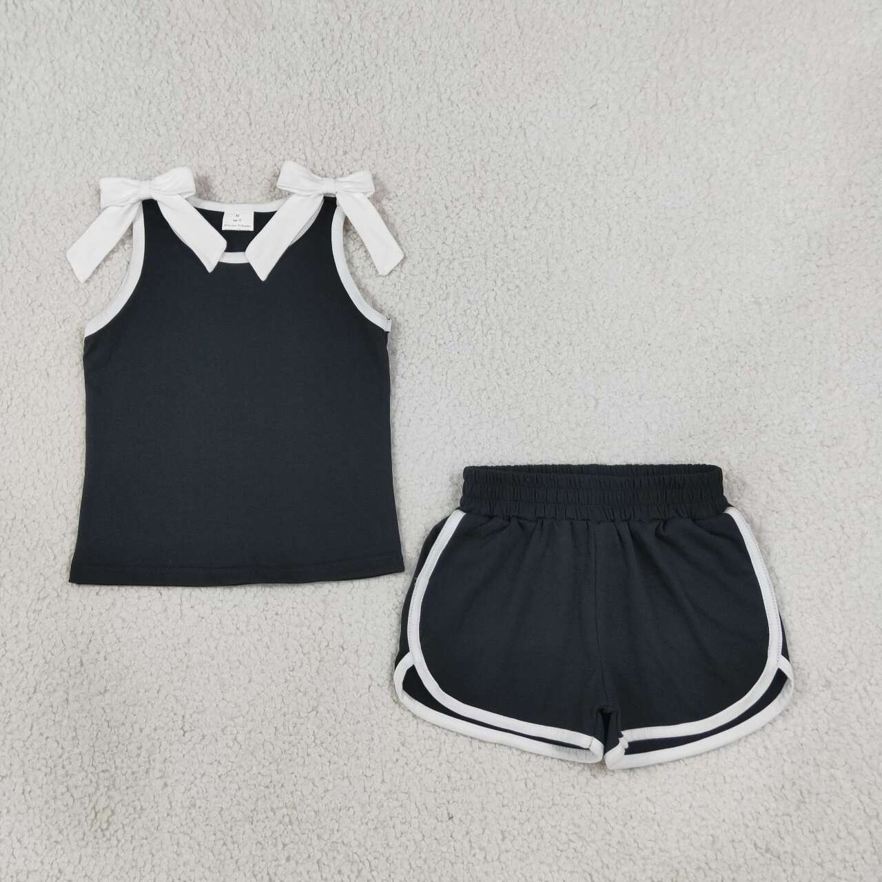 Black bow design top matching shorts girls summer outfit