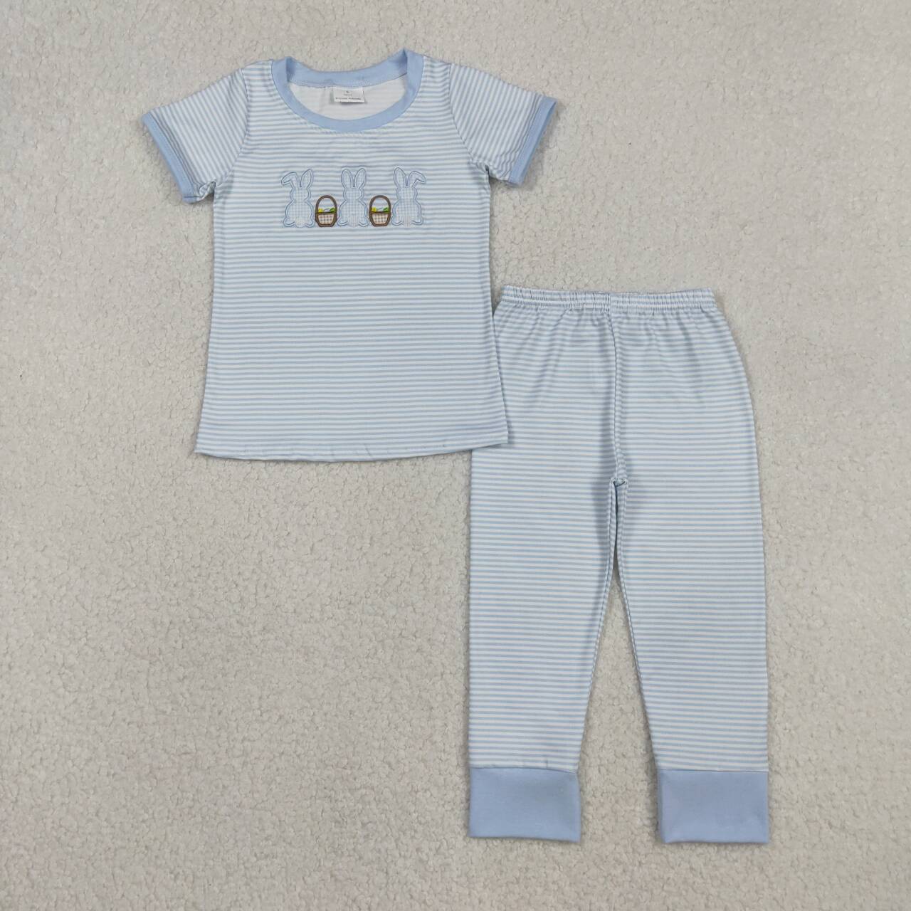 Embroidery Easter bunny blue stripes design boys short sleeve outfit