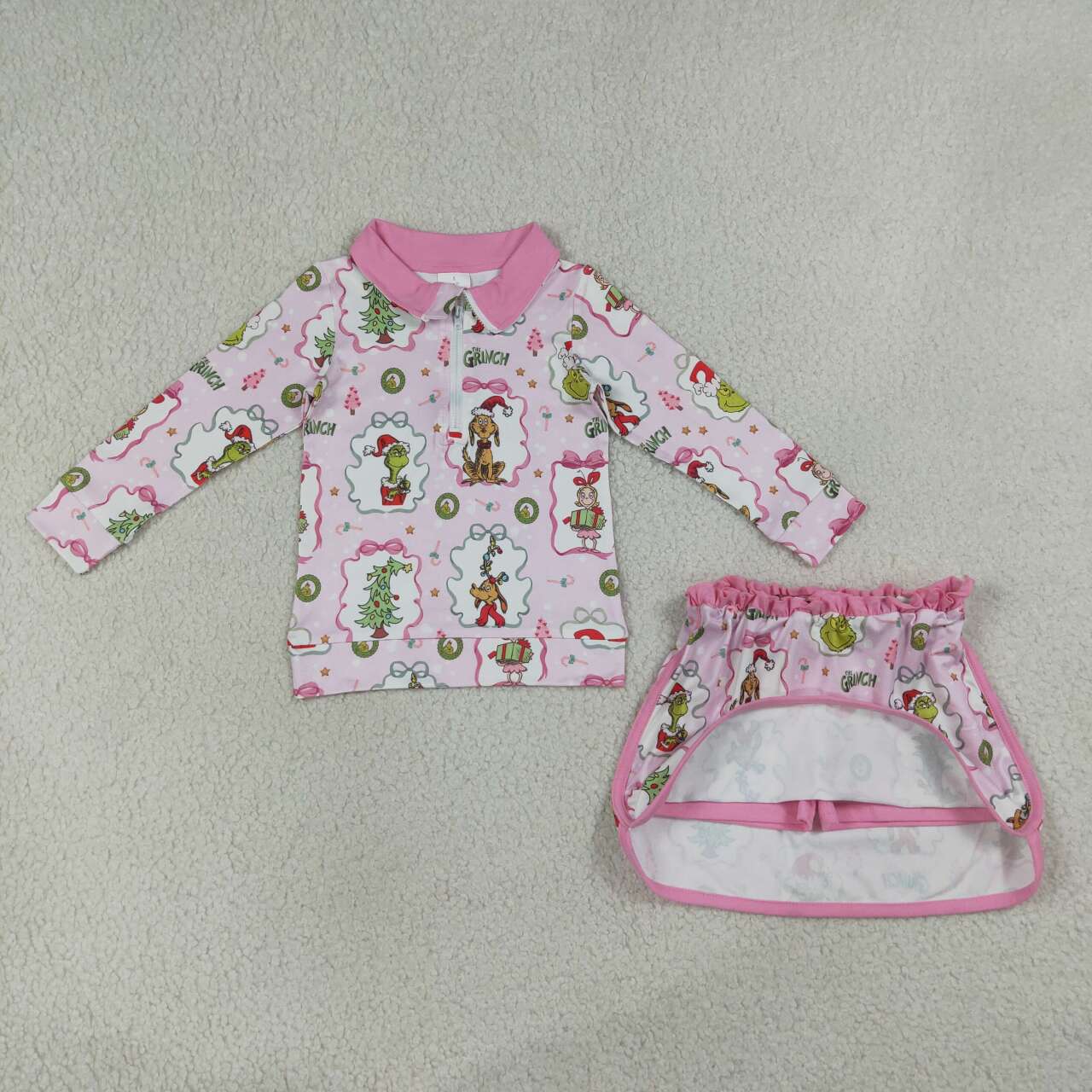 Christmas greenface pullover matching skort girls long sleeve outfit